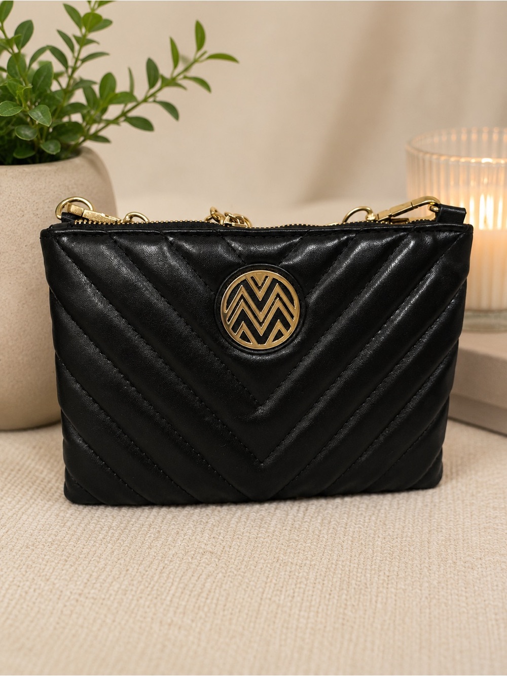 Macbeth Collection by Margaret Josephs Black Quilted Crossbody with Gold Emblem